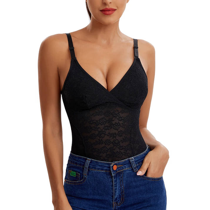 V-Neck Lace Thong Bodysuit Hollow Women Sexy Suspender Top Tummy Control Crotchless Body Shaper Shapewear Removable Chest Pad