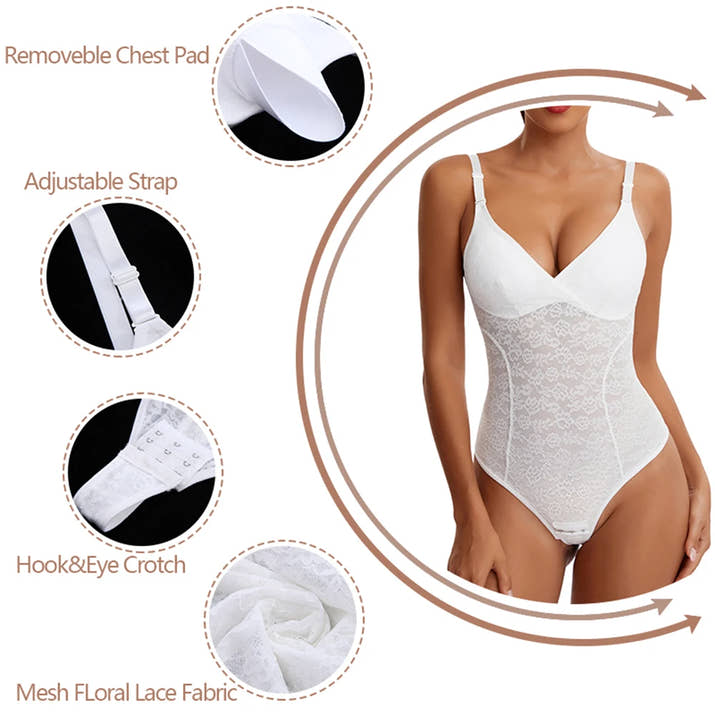 V-Neck Lace Thong Bodysuit Hollow Women Sexy Suspender Top Tummy Control Crotchless Body Shaper Shapewear Removable Chest Pad
