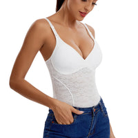 V-Neck Lace Thong Bodysuit Hollow Women Sexy Suspender Top Tummy Control Crotchless Body Shaper Shapewear Removable Chest Pad