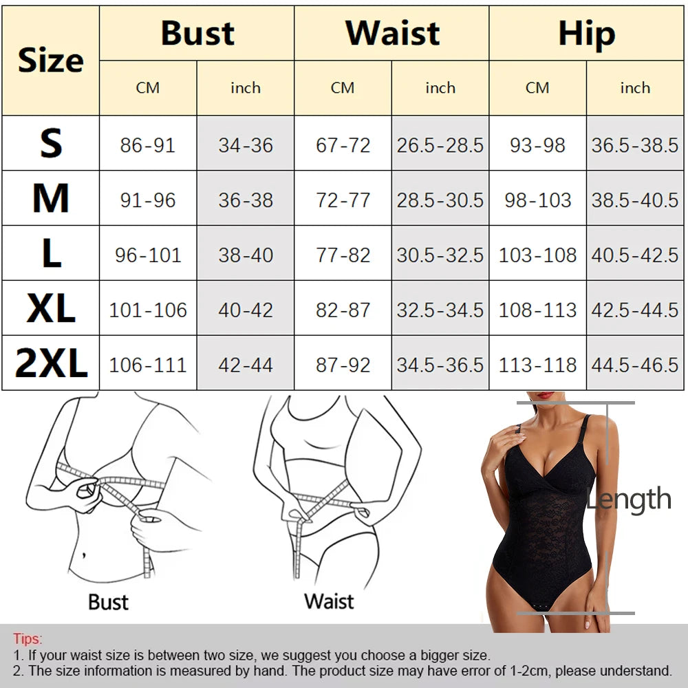 V-Neck Lace Thong Bodysuit Hollow Women Sexy Suspender Top Tummy Control Crotchless Body Shaper Shapewear Removable Chest Pad