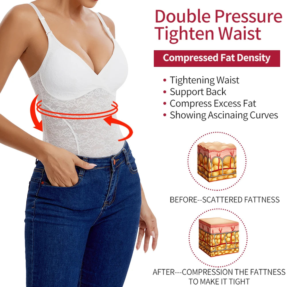 V-Neck Lace Thong Bodysuit Hollow Women Sexy Suspender Top Tummy Control Crotchless Body Shaper Shapewear Removable Chest Pad