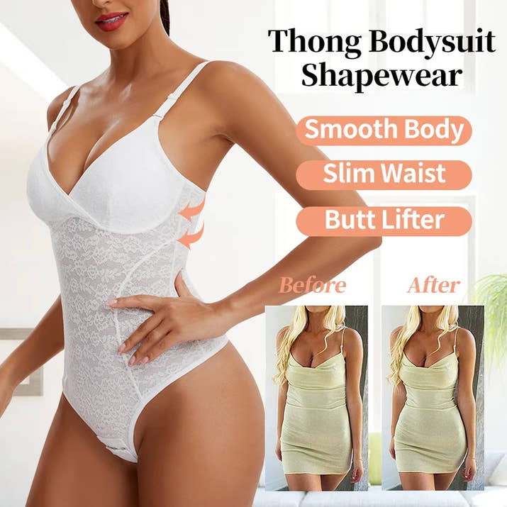 V-Neck Lace Thong Bodysuit Hollow Women Sexy Suspender Top Tummy Control Crotchless Body Shaper Shapewear Removable Chest Pad