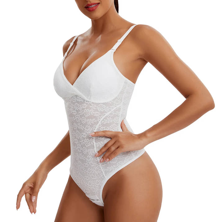V-Neck Lace Thong Bodysuit Hollow Women Sexy Suspender Top Tummy Control Crotchless Body Shaper Shapewear Removable Chest Pad