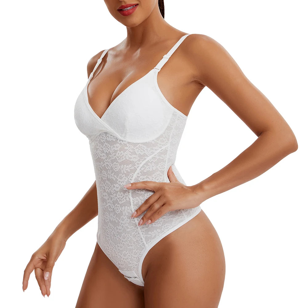 V-Neck Lace Thong Bodysuit Hollow Women Sexy Suspender Top Tummy Control Crotchless Body Shaper Shapewear Removable Chest Pad