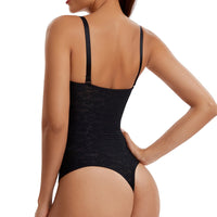 V-Neck Lace Thong Bodysuit Hollow Women Sexy Suspender Top Tummy Control Crotchless Body Shaper Shapewear Removable Chest Pad