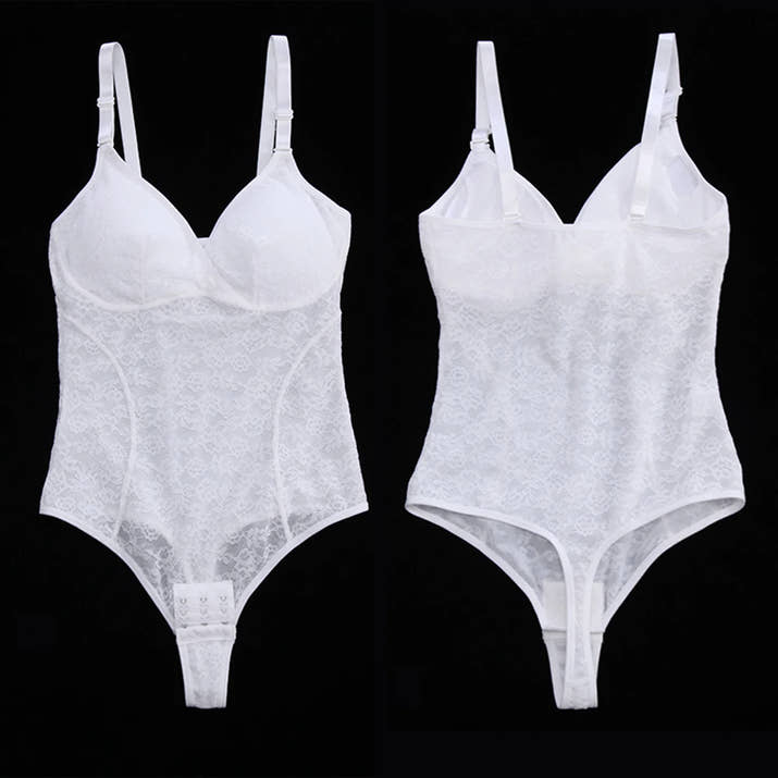 V-Neck Lace Thong Bodysuit Hollow Women Sexy Suspender Top Tummy Control Crotchless Body Shaper Shapewear Removable Chest Pad