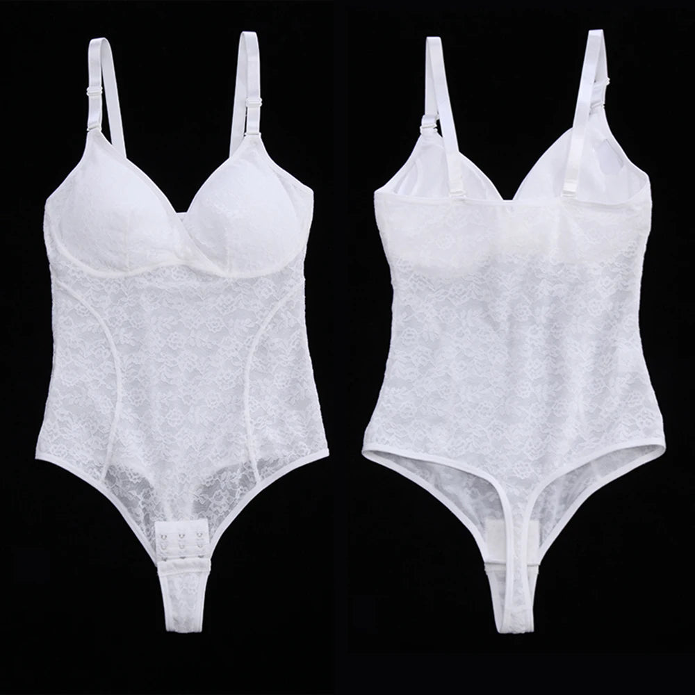 V-Neck Lace Thong Bodysuit Hollow Women Sexy Suspender Top Tummy Control Crotchless Body Shaper Shapewear Removable Chest Pad