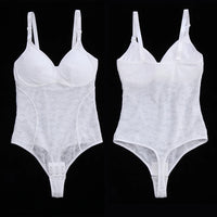 V-Neck Lace Thong Bodysuit Hollow Women Sexy Suspender Top Tummy Control Crotchless Body Shaper Shapewear Removable Chest Pad
