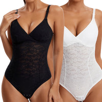 V-Neck Lace Thong Bodysuit Hollow Women Sexy Suspender Top Tummy Control Crotchless Body Shaper Shapewear Removable Chest Pad