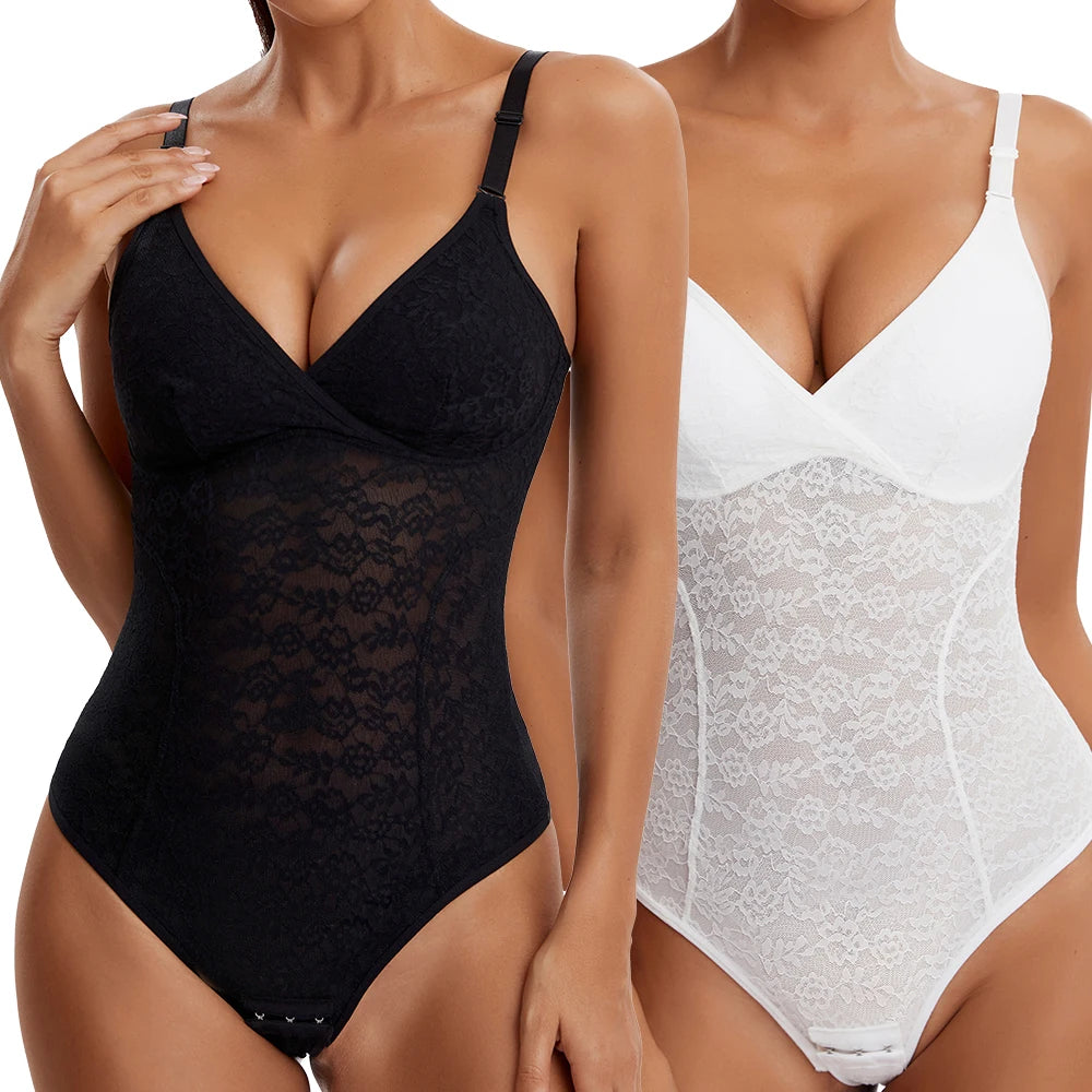 V-Neck Lace Thong Bodysuit Hollow Women Sexy Suspender Top Tummy Control Crotchless Body Shaper Shapewear Removable Chest Pad