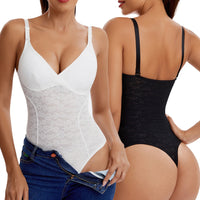V-Neck Lace Thong Bodysuit Hollow Women Sexy Suspender Top Tummy Control Crotchless Body Shaper Shapewear Removable Chest Pad