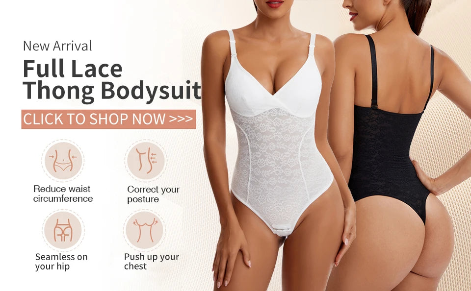 V-Neck Lace Thong Bodysuit Hollow Women Sexy Suspender Top Tummy Control Crotchless Body Shaper Shapewear Removable Chest Pad