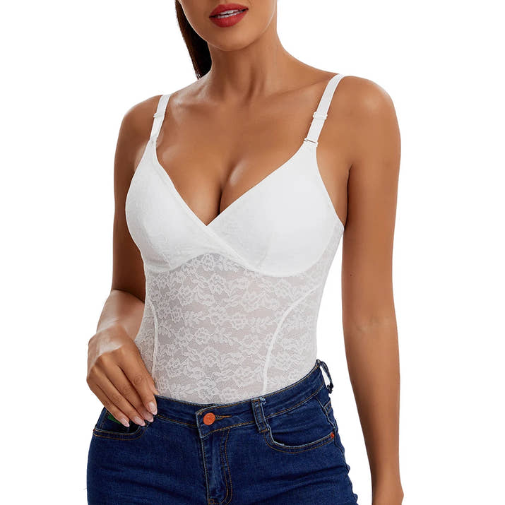 V-Neck Lace Thong Bodysuit Hollow Women Sexy Suspender Top Tummy Control Crotchless Body Shaper Shapewear Removable Chest Pad