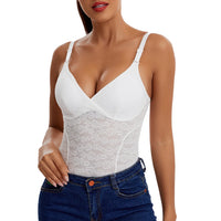 V-Neck Lace Thong Bodysuit Hollow Women Sexy Suspender Top Tummy Control Crotchless Body Shaper Shapewear Removable Chest Pad