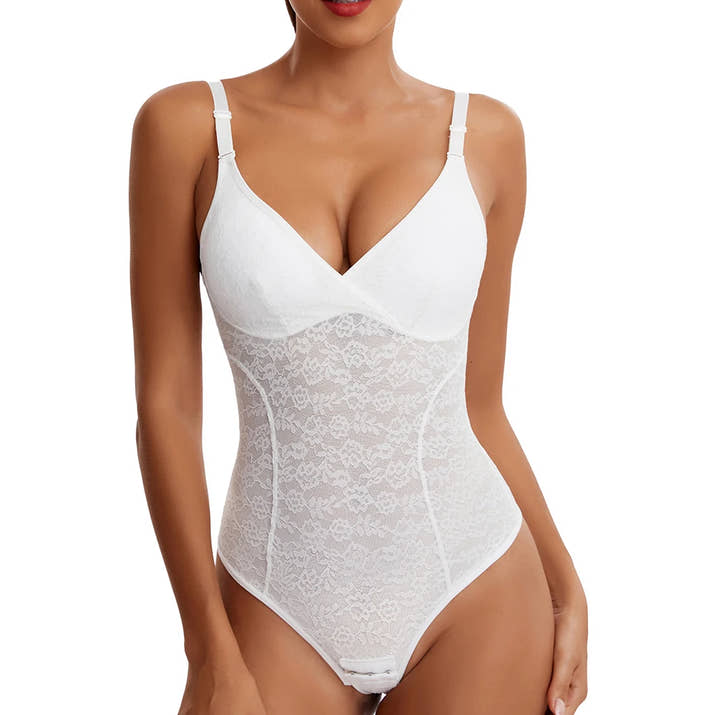 V-Neck Lace Thong Bodysuit Hollow Women Sexy Suspender Top Tummy Control Crotchless Body Shaper Shapewear Removable Chest Pad