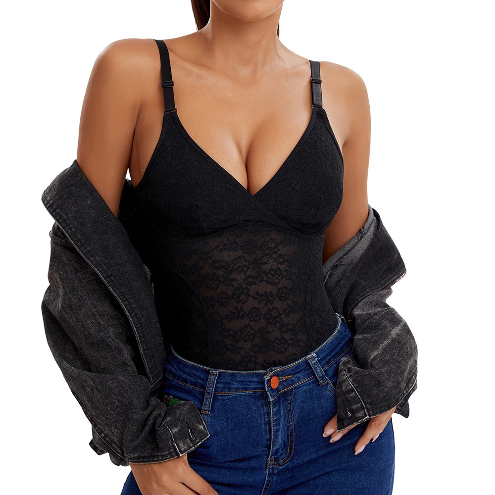V-Neck Lace Thong Bodysuit Hollow Women Sexy Suspender Top Tummy Control Crotchless Body Shaper Shapewear Removable Chest Pad