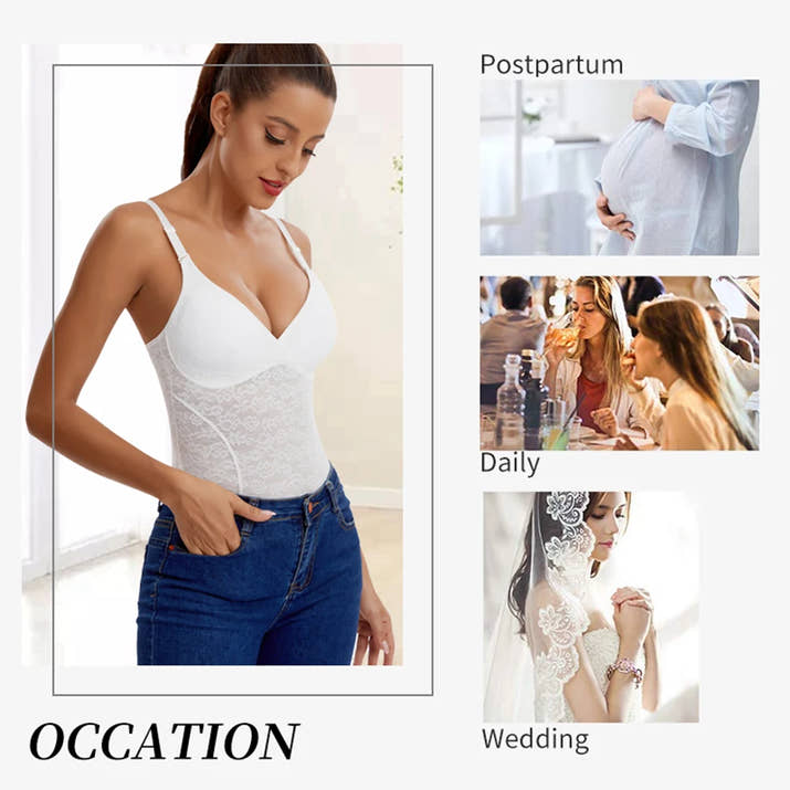 V-Neck Lace Thong Bodysuit Hollow Women Sexy Suspender Top Tummy Control Crotchless Body Shaper Shapewear Removable Chest Pad