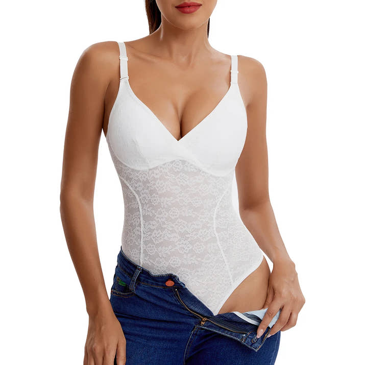 V-Neck Lace Thong Bodysuit Hollow Women Sexy Suspender Top Tummy Control Crotchless Body Shaper Shapewear Removable Chest Pad