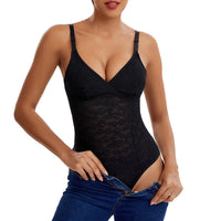 V-Neck Lace Thong Bodysuit Hollow Women Sexy Suspender Top Tummy Control Crotchless Body Shaper Shapewear Removable Chest Pad