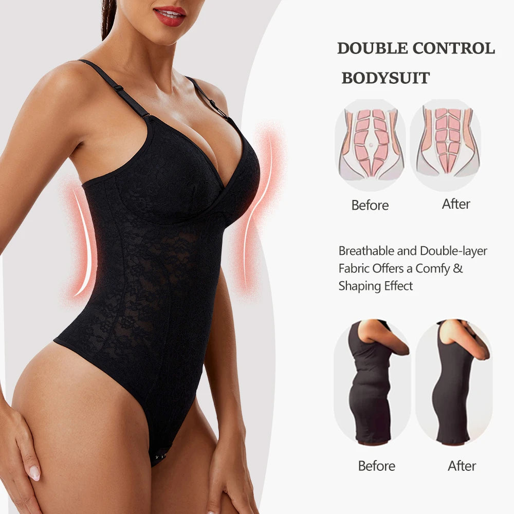 V-Neck Lace Thong Bodysuit Hollow Women Sexy Suspender Top Tummy Control Crotchless Body Shaper Shapewear Removable Chest Pad