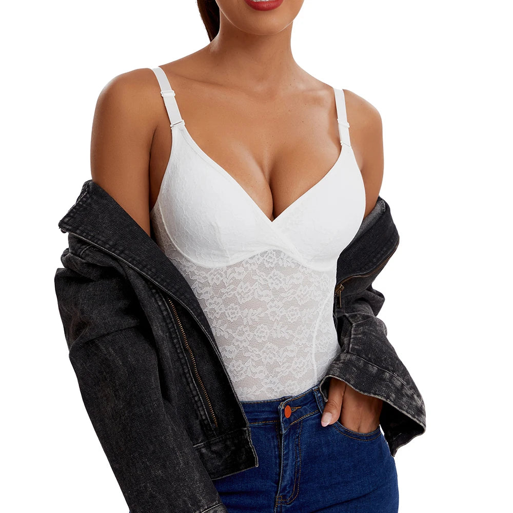 V-Neck Lace Thong Bodysuit Hollow Women Sexy Suspender Top Tummy Control Crotchless Body Shaper Shapewear Removable Chest Pad