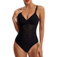 V-Neck Lace Thong Bodysuit Hollow Women Sexy Suspender Top Tummy Control Crotchless Body Shaper Shapewear Removable Chest Pad